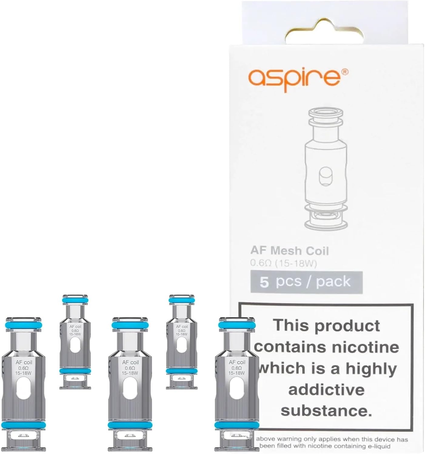 Aspire AF Replacement Coils, 0.6 Ohm, Meshed, 15-18 Wattage, Balanced Vaping Experience, Works with Flexus AIO, Riil x, FlexusQ, Flexus Stik, Pack of 5, No Nicotine