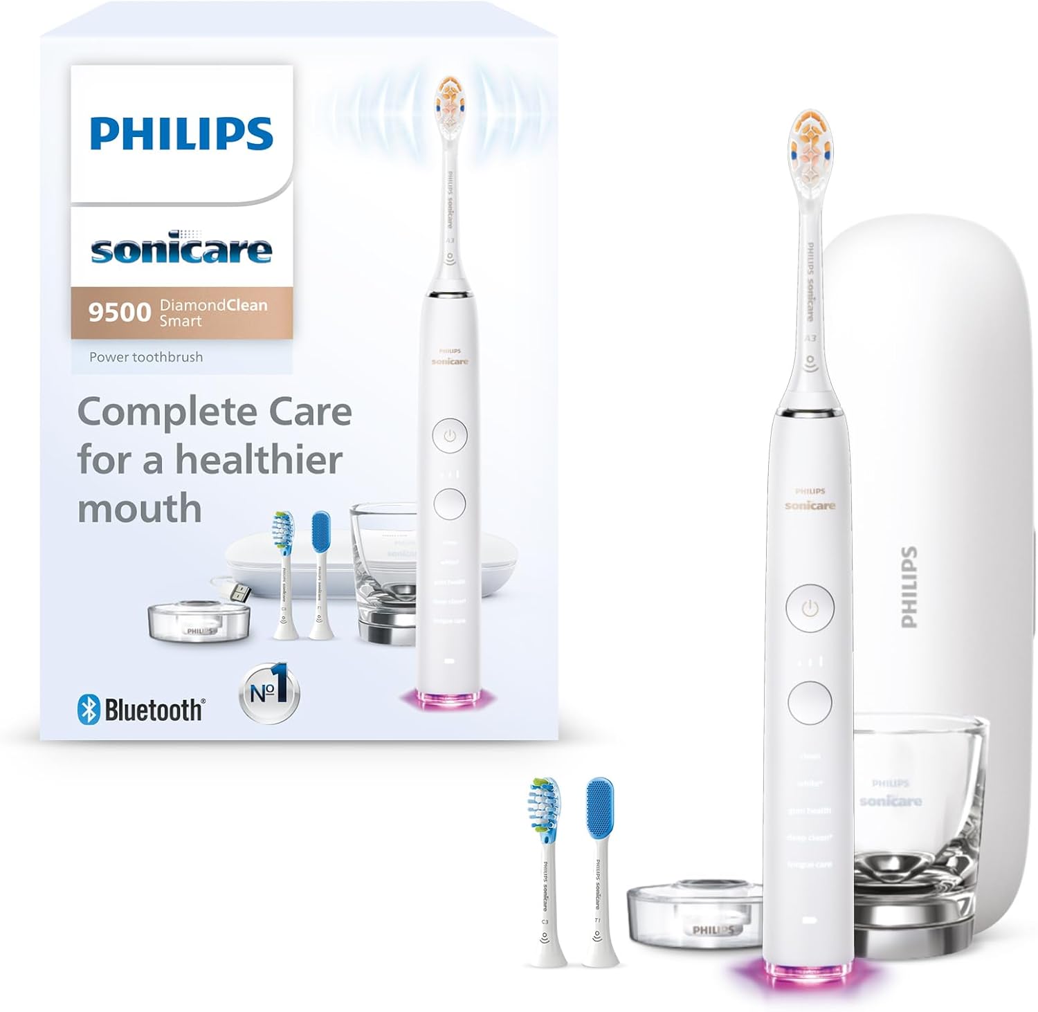 Philips Sonicare DiamondClean Smart 9500 Electric Toothbrush, Sonic Toothbrush with App, Pressure Sensor, Brush Head Detection, 5 Brushing Modes and 3 Intensity Levels, White, Model HX9923/01