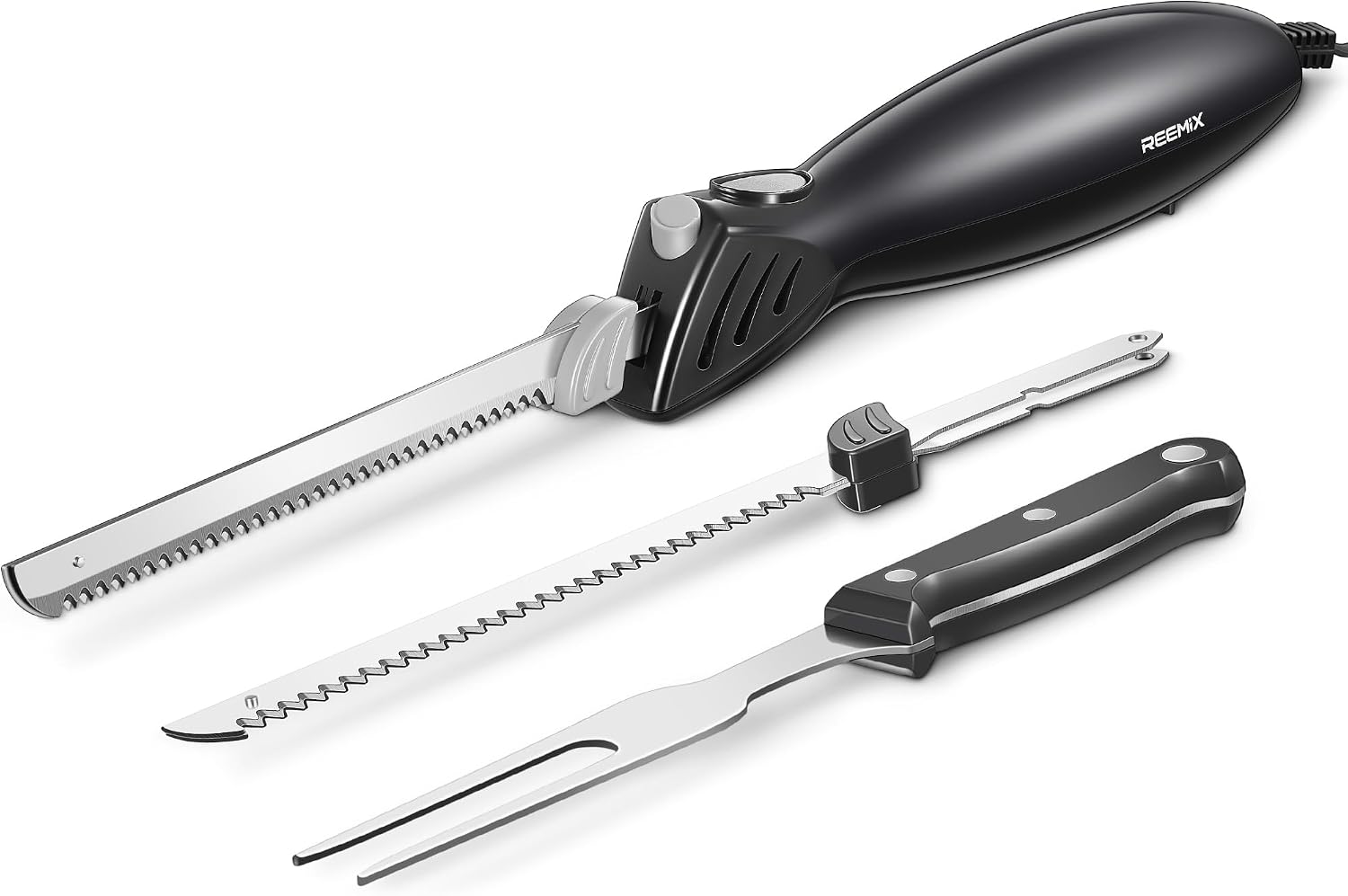 Reemix Electric Knife, Z3042 Electric Knife Set | for Carving Meats, Poultry, Bread, Crafting Foam & More, 2 Blades for Meats & Bread, Fork Included (Black)