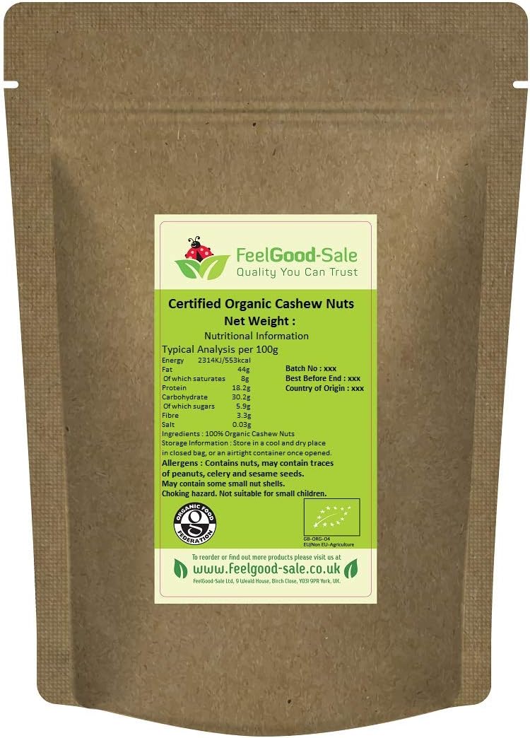 1kg Organic Cashew Nuts, Whole, Raw, 100% Natural