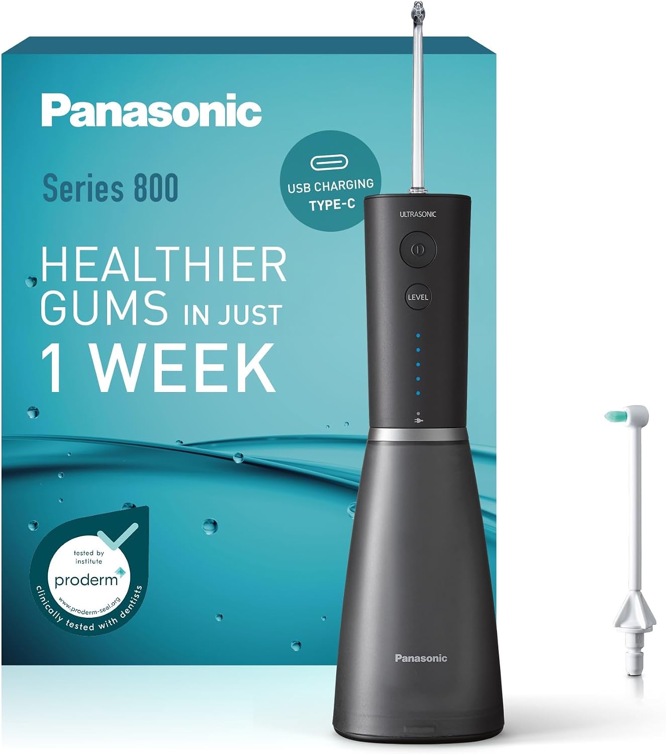 Panasonic Series 800 Ultrasonic Oral Irrigator EW-DJ86-K511, Water Flosser for Teeth, 200ml, 1 Ultrasonic & 1 Orthodontic Nozzle, 5 Pressure Settings, Travel Accessory, USB-C charging, Black
