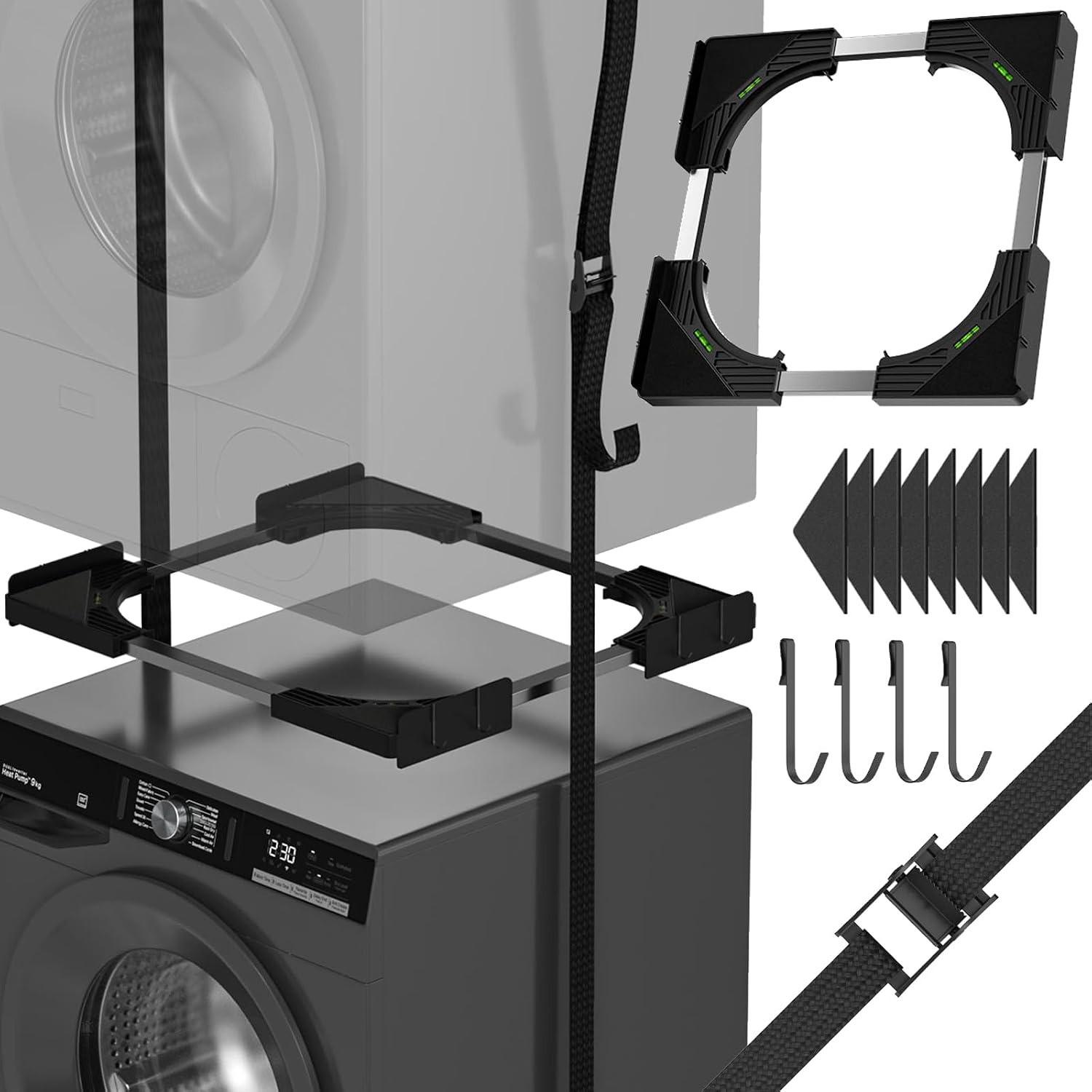 Slimline Washer Dryer Stacking Kit, Universal Ultra-Thin Frame for 45–68 cm Appliances, Space-Saving Design with Lightweight Aluminum Ratchet Strapand 4 Multifunctional Hooks (Black)