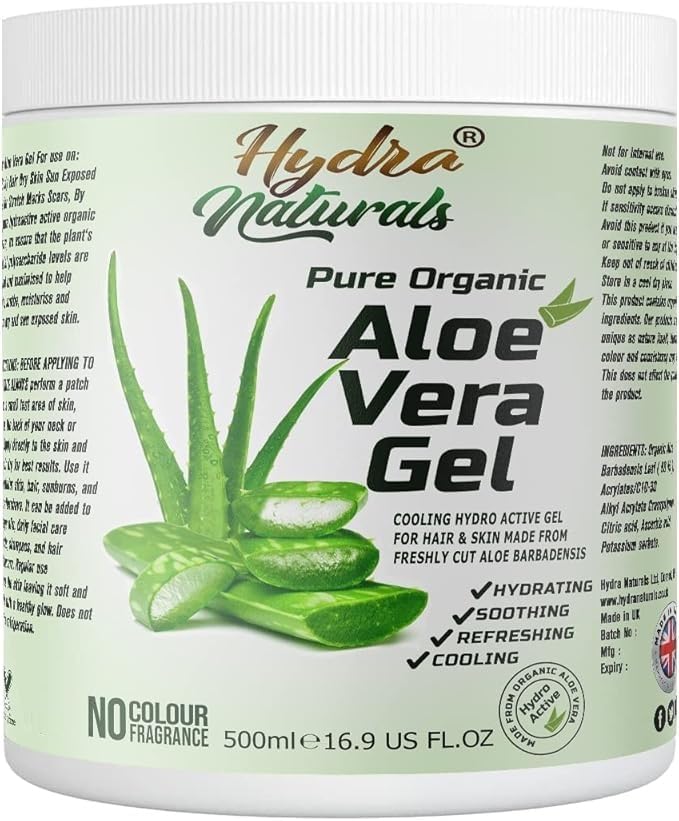 100% Pure Organic Aloe Vera Gel 500ml Made from Freshly Cut Aloe for Face, Body, Hair, Sunburn, After Sun, Scars, Hydrating Cooling Refreshing Vegan Cruelty-free