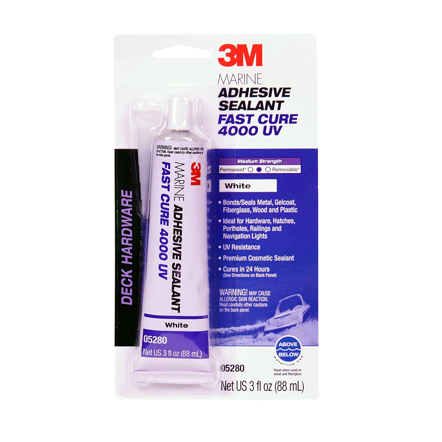 3M Marine Adhesive Sealant 4000 UV (05280), Medium Strength Flexible Waterproof Adhesive Sealant for Boats and RVs, UV Resistant, Cures in 24 Hours, White, 3 fl oz Tube