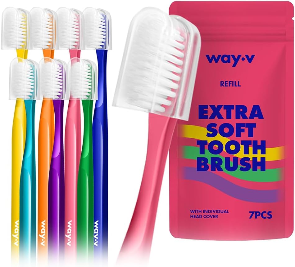 Way.V Extra Soft Toothbrush 7 Pack for Sensitive Gums and Teeth 3000 Ultra Gentle Bristles Brushes with Hygienic Head Covers Friendly Dentist Recommended BPA Free - Family Refill Pink 7 Pack