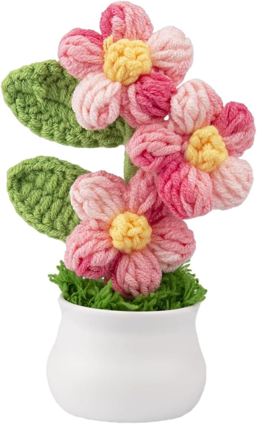 Huipalon Artificial Flowers Crochet Flowers Potted Plant Small Handmade Knitted Flowers Pot for Table Decor Pink Artificial Flowers for Home Office Crochet Plants Gift for Her (Red)
