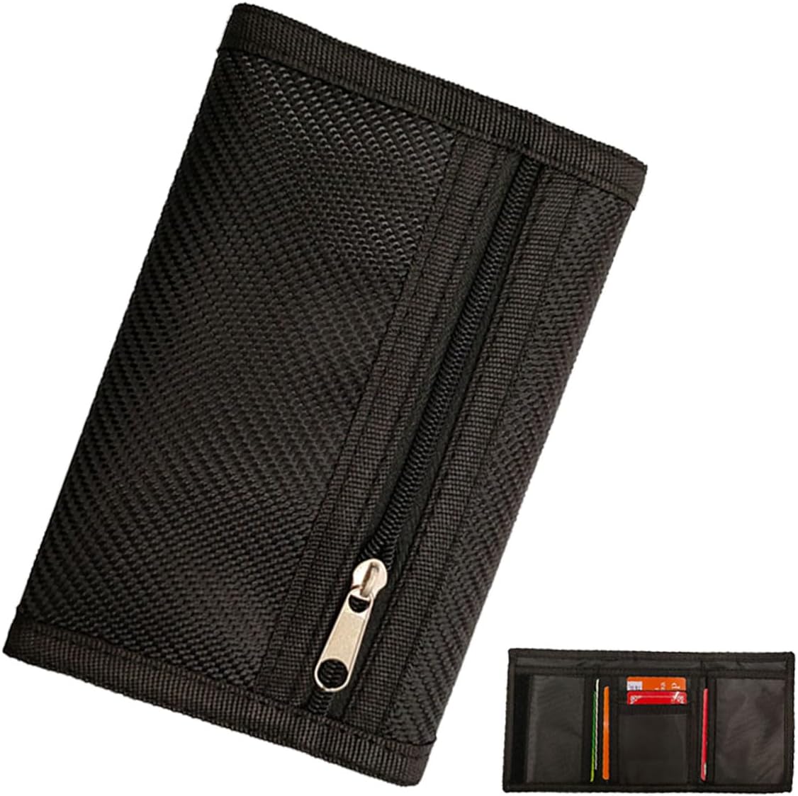 Slim Wallet for Men UK, Trifold, Thin & Compact Coin Purse with Zipper, RFID Blocking, Holds 6 Cards & Cash, Carbon Fiber Design, Ideal for Outdoor Sports, Gifts for Fathers & Boyfriends (Black, M)