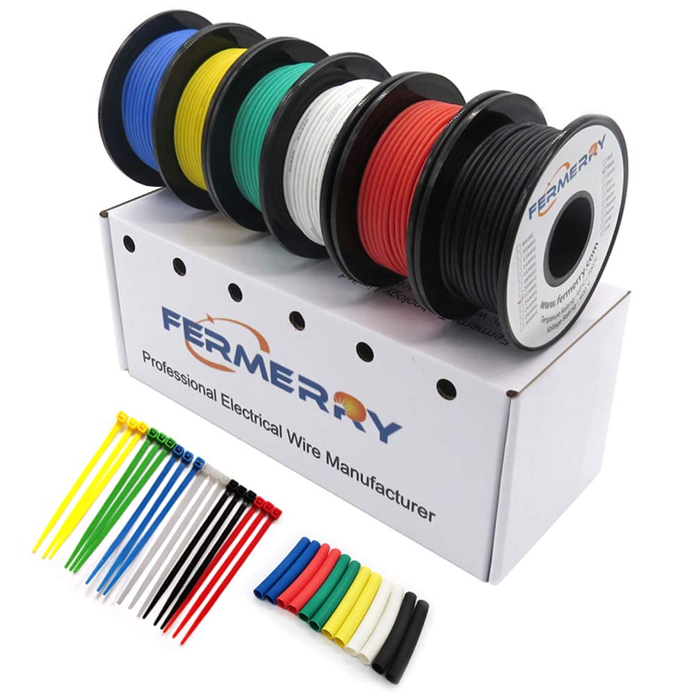 Fermerry 22 AWG Electrical Wire 0.33mm² Flexible Silicone Tinned Copper Wire Hook up Kit Stranded Wire Spool 10ft 3 Meter Each 6 Colors Gauge