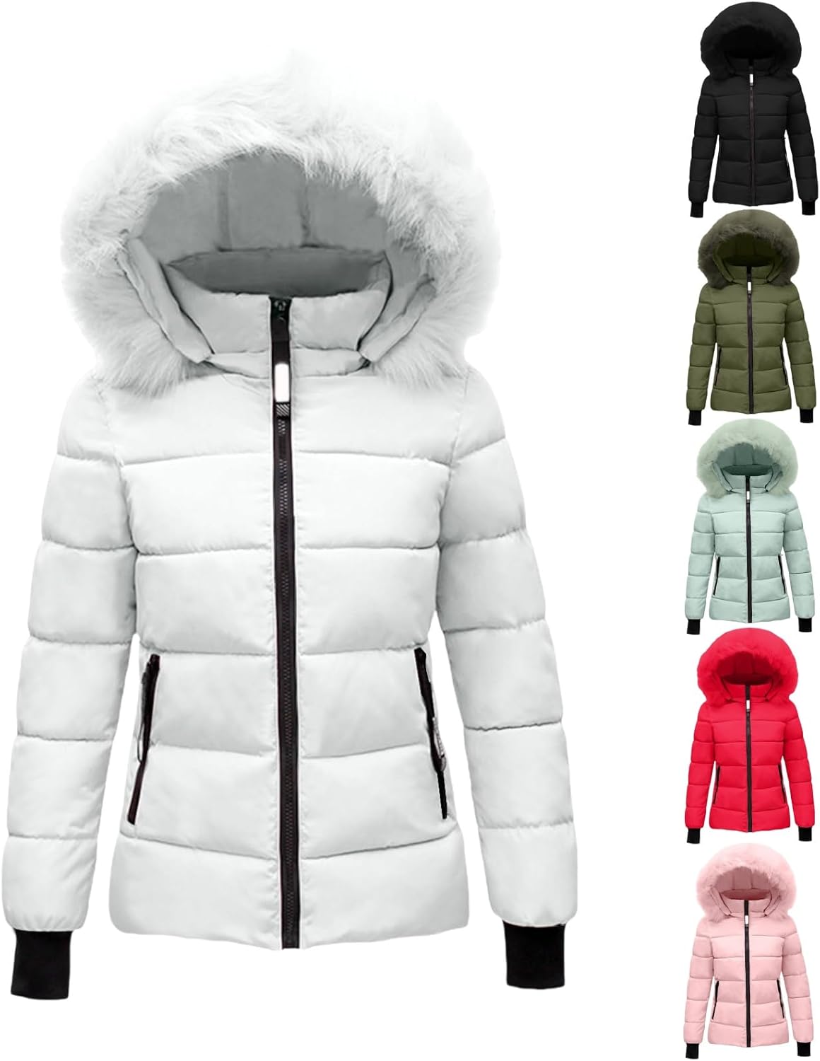 Packable Puffer Jackets for Women Lightweight Quilted Down Jacket with Faux Fur Hood Thicken Warm Outerwear Plus Size