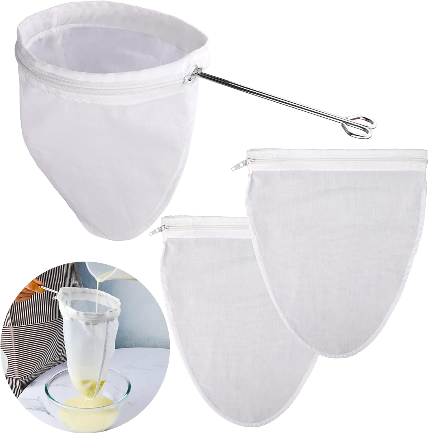 WMKGG Ultra Fine Mesh Strainer Bags, Reusable Mesh Filter Bags with Stainless Steel Handle Frame for Filter NutMilk, Coffee, Milk, Butter, Juices and Fresh Cheese (Small Size)