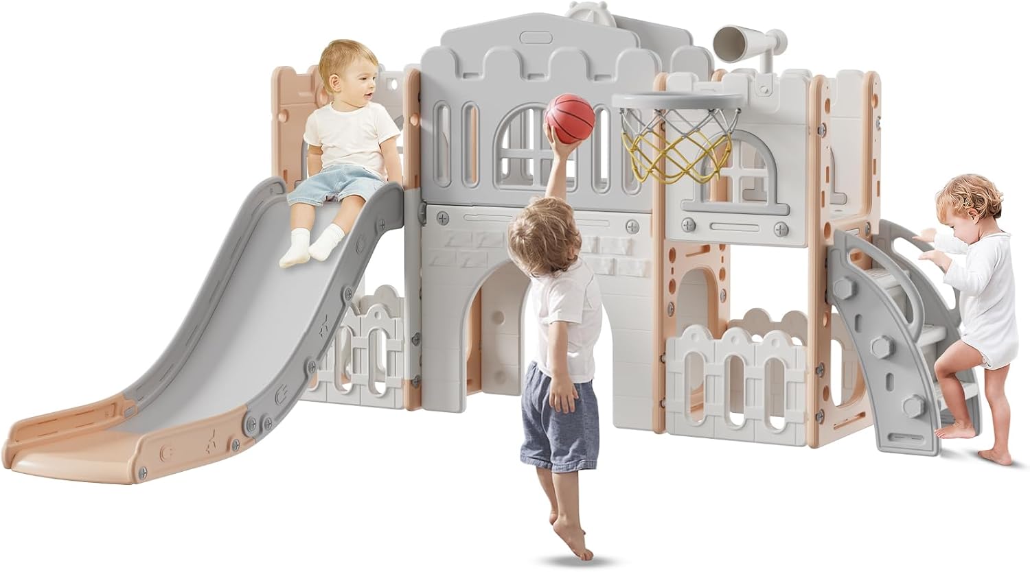 9 in 1 Toddler Slide,Kids Slide Playset for Toddler,Indoor Outdoor Slide Toddler Playset with Ball & Hoop, Storage Space and Non-Slip Steps,Toddler for Boys and Girls 1-3 Years (Pink Grey)