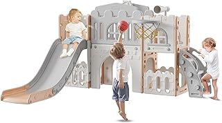 9 in 1 Toddler Slide,Kids Slide Playset for Toddler,Indoor Outdoor Slide Toddler Playset with Ball & Hoop, Storage Space and Non-Slip Steps,Toddler for Boys and Girls 1-3 Years (Pink Grey)