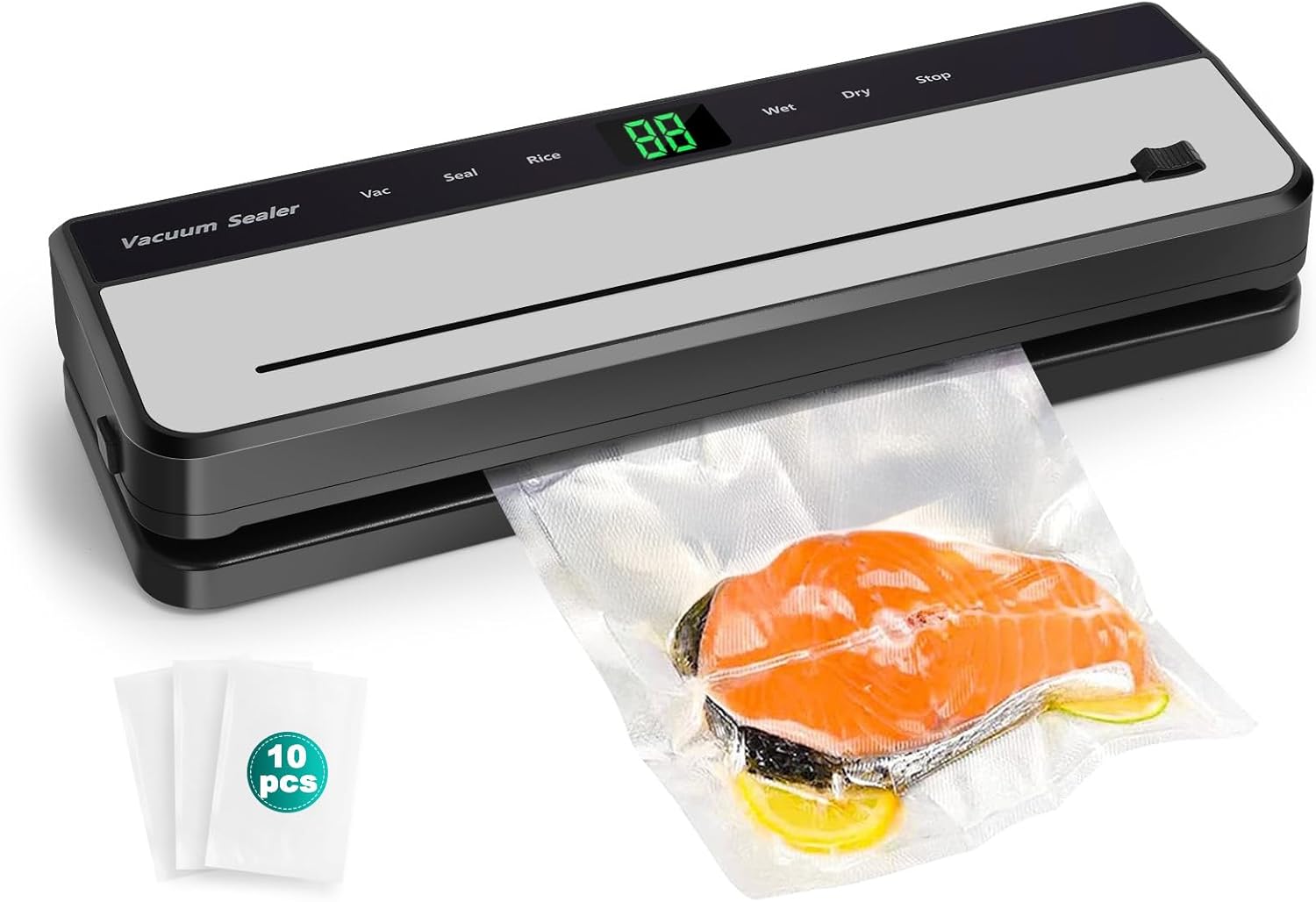 YiuMieYouMie Food Vacuum Sealer Machine, 6-in-1 Powerful Vac Pack Machine, Dry/Moist Food Saver, Food Sealer, Pressure-Resistant and Durable Stainless Steel, with Cutter and 10Pcs Bags