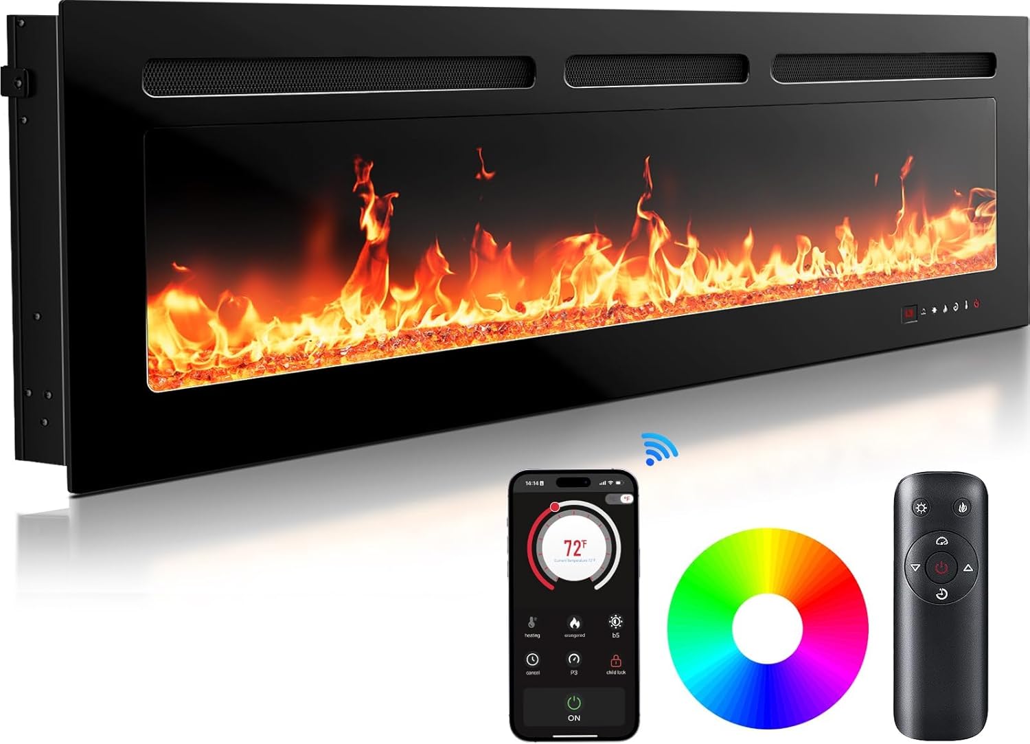 Silonn 50″/127cm Electric Fireplace Heater with App & Remote Control, 5300 BTU Heat Output, Ultra-Slim Wall-Mounted or Recessed Electric Fireplace Inserts with Timer, 20 Flame Colors