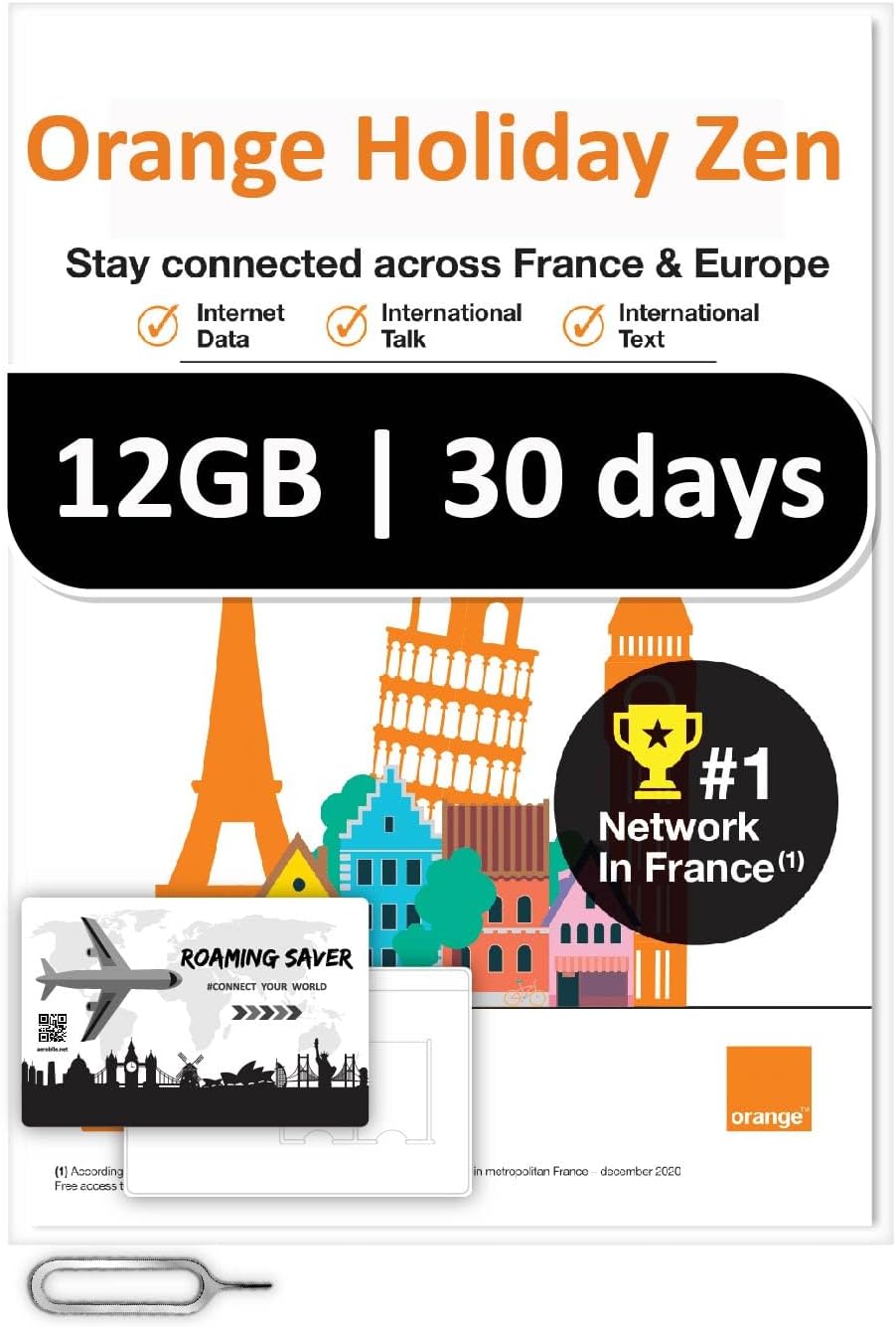 Orange Holiday Europe Prepaid SIM Card Combo Deal 12GB Internet Data in 5G/4G/LTE (Data tethering Allowed)+30min & 200 Texts from Europe to Any Country Worldwide+1 Sim Card Holder+1 Pin