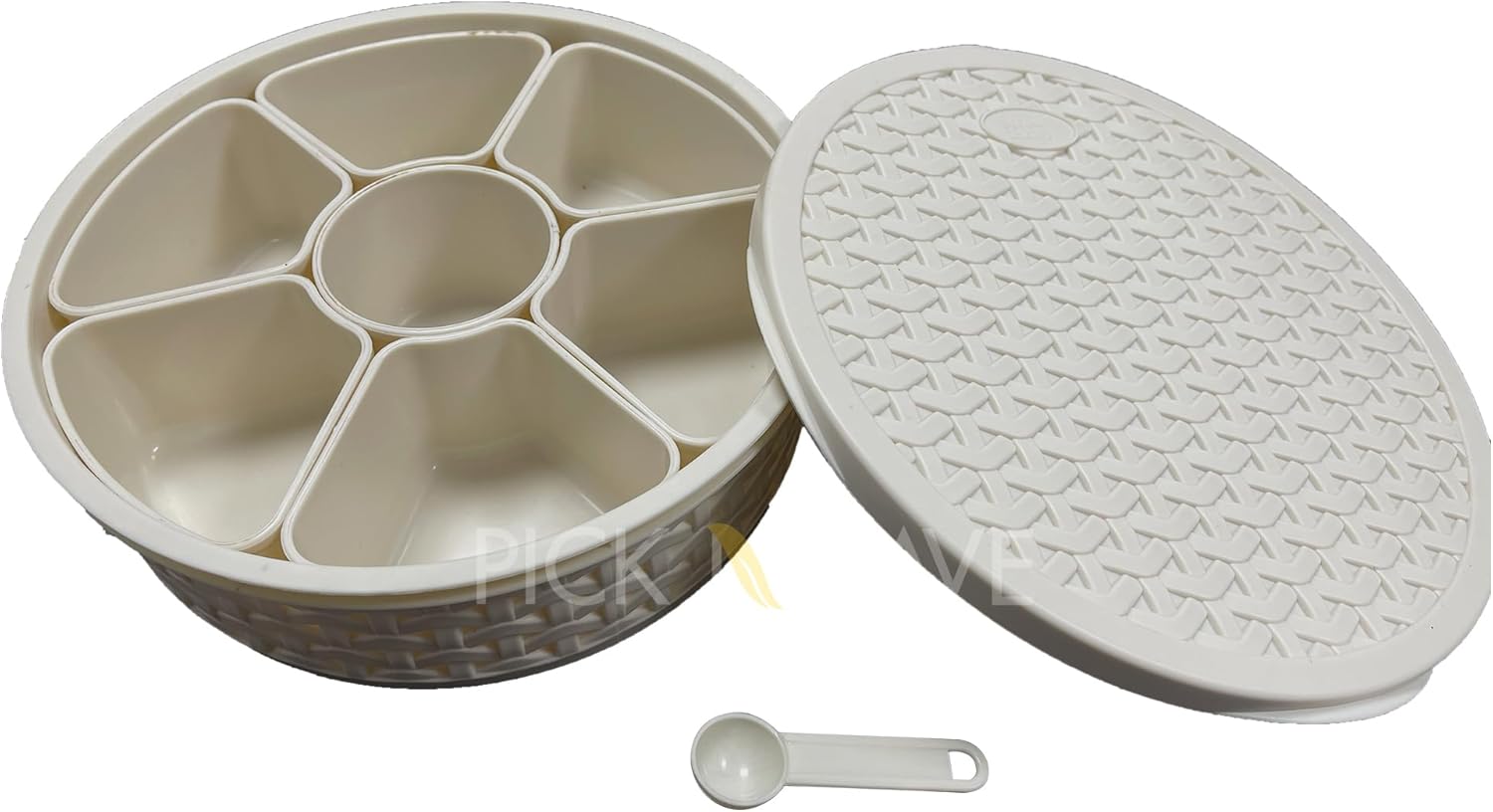 Plastic Masala Box, Spice Box, Masala Dabba, Authentic Indian Masala Dabba perfect for your spice storage with 7 containers and a FREE serving spoon (Beige)