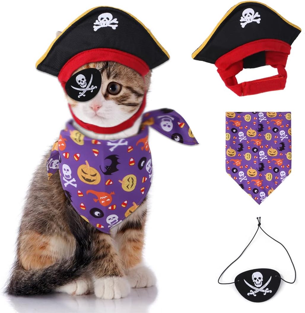 XIAOYU 3 Pieces Halloween Dog Pirate Costume Set Pet Pirate Hat Pirate Skull Triangle Bandana and Pirate Blindfold for Dog Cat Halloween Cosplay, Purple