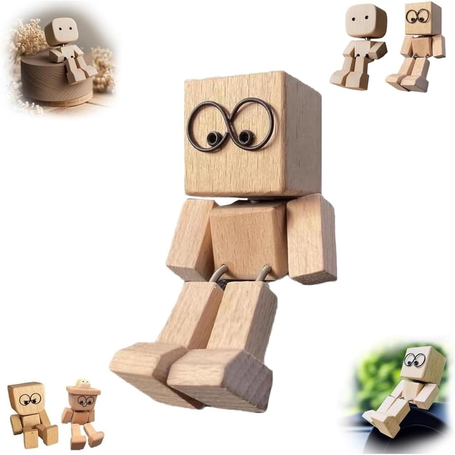 Shaking Wooden Man Figurine, Handmade Shaking Feet Wooden Doll with Multiple Magnetic Decorations, Funny Wood Desktop Bobblehead Car Dashboard Decor, Car Ornaments Action Figure,Little Nerdy Dolls,B