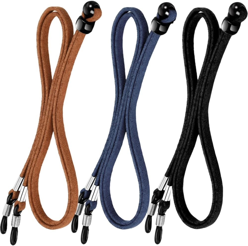 XFentech 3 Pcs Unisex Glasses Straps- Universal Leather Eyeglass Chain Lanyard Non-Slip Glasses Straps Glasses Chain Adjustable Spectacle Neck Cord Glasses String Holder for Men and Women