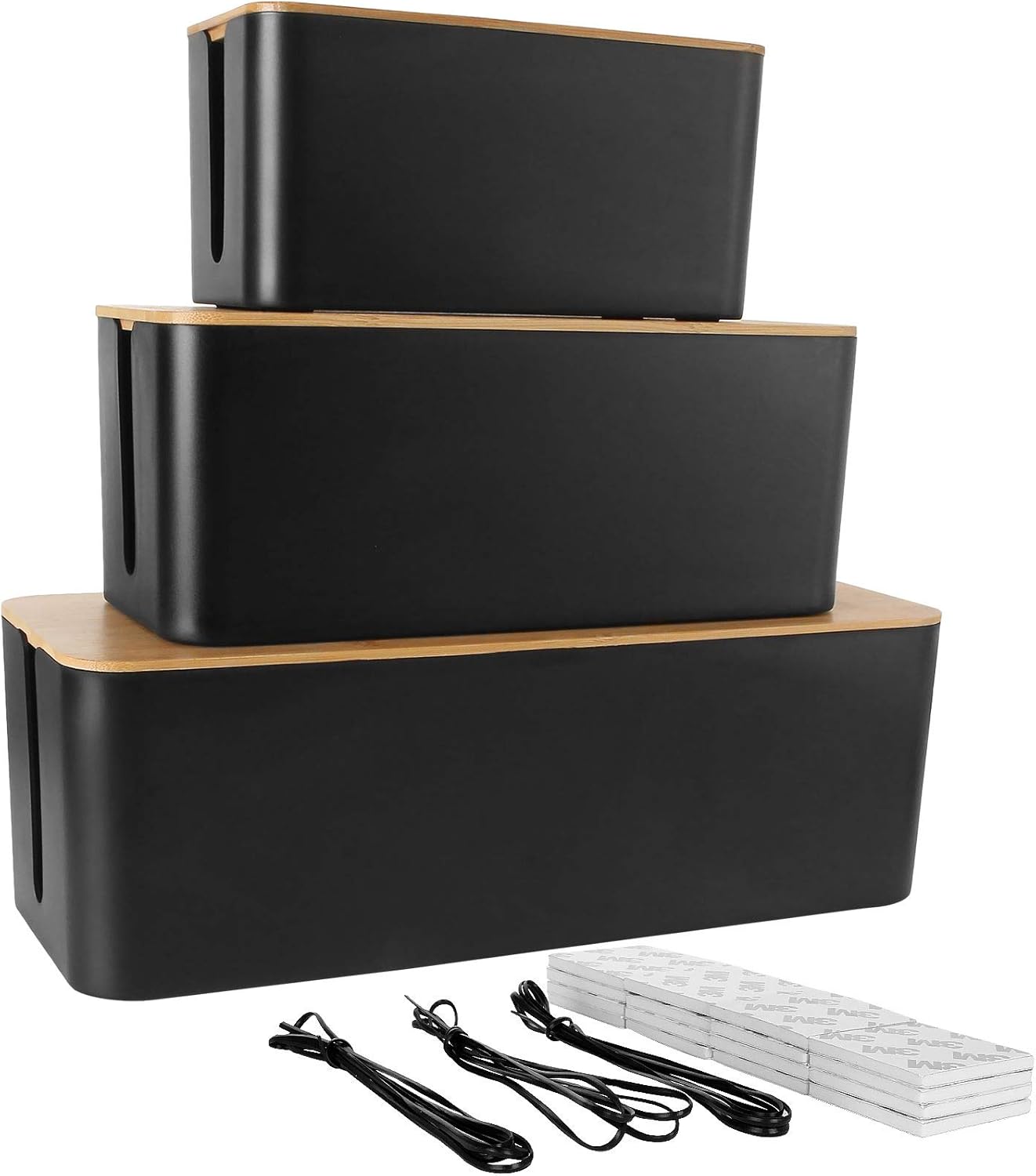STARVAST Cable Management Box Set With Wooden Lid | 3 Black Large Desk Cable Tidy Boxes | TV Cable Wire Extension Box Organiser for Home Office | Large, Medium, Small