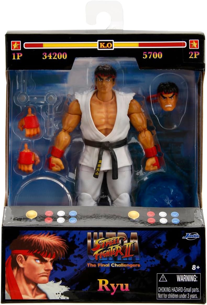 Jada - Street Fighter II Ryu, Articulated Figure 15 cm, with Interchangeable Hands and Head, Accessories and 20 Articulated Points (253252025), White