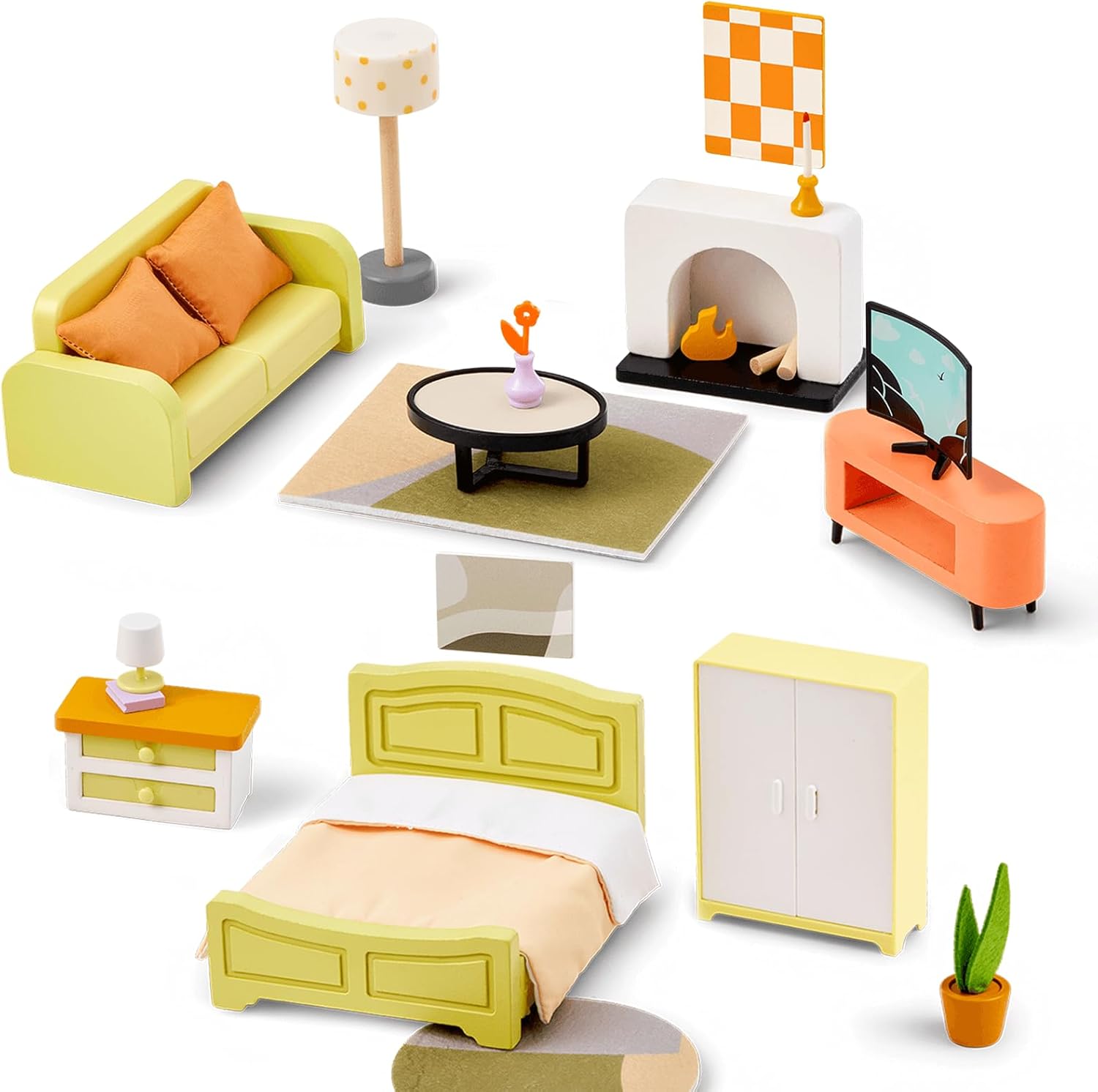 Giant bean Doll House Furniture, 27pcs Green Wooden Plastic Dollhouse Furniture Set, Modern Living Room Bedroom Set, Dollhouse Accessories Pretend Play Toys for Boys Girls Kids