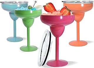 4Pack Stainless Steel Margarita Glasses, Set of 4, 10oz Insulated Martini Glasses with Lid Unbreakable Cocktail Glasses Metal Wine Tumbler Mug, Stay Icy Cold, 4 Cocktail Picks, Mixed