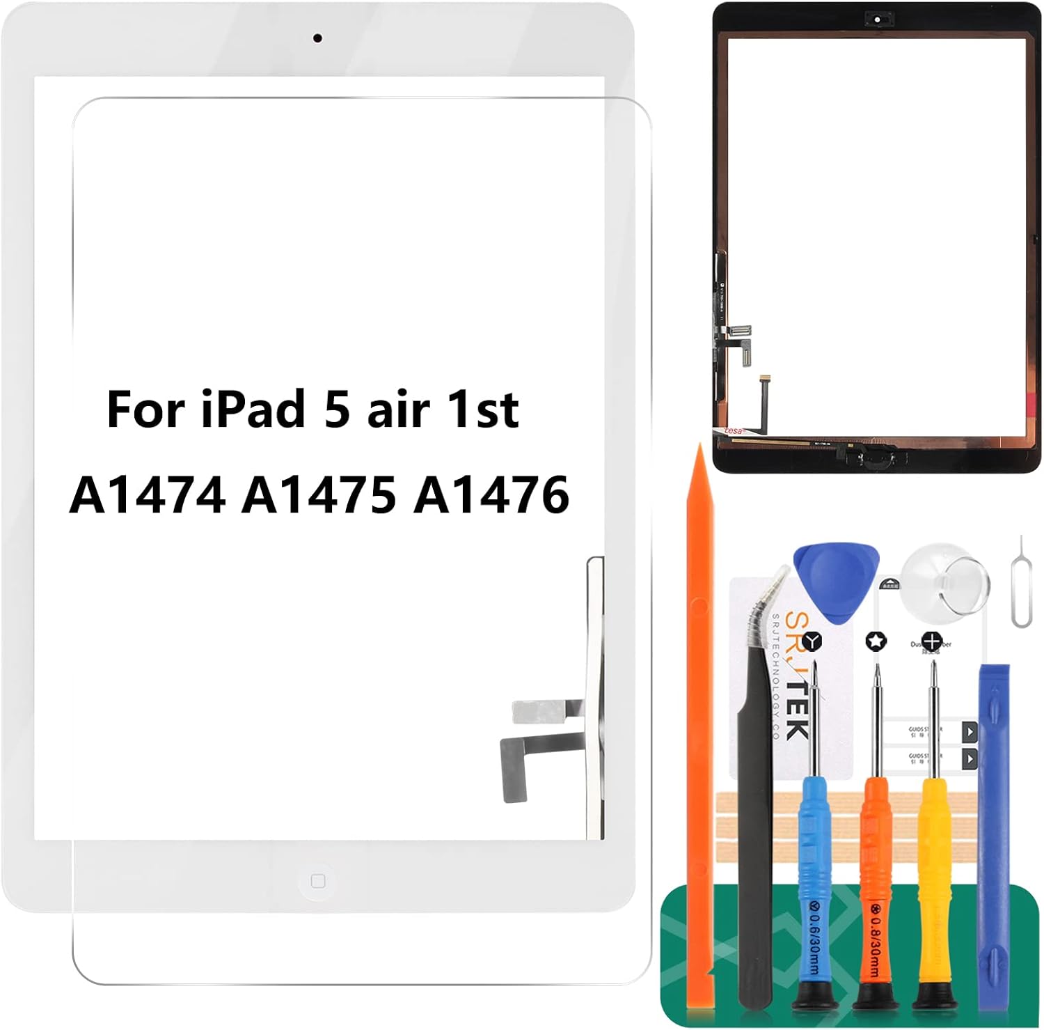 SRJTEK Screen Replacement for iPad 5 air 1st Gen A1474 A1475 A1476 Screen Replacement Touch Digitizer Glass Sensor Assembly - Home Button Camera Holder Pre Installed Adhesive Stickers (White)
