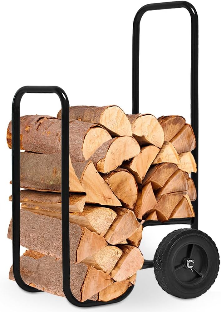 GARDEBRUK® Firewood Trolley Large | 105x56x45cm 80kg Capacity | Rolling Wood Cart Log Carrier Transport Storage Truck for Log Burner Stove Fireplace Chiminea | Indoor Outdoor Steel Black