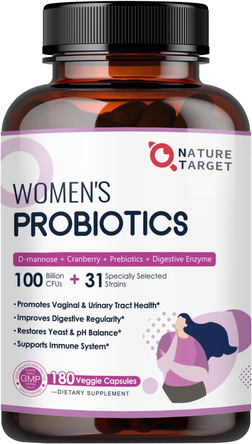 NATURE TARGET Probiotics for Women, 100 Billion CFUs Probiotic with Digestive Enzymes & Prebiotics, Vaginal Probiotics with Cranberry for Urinary Tract Health, pH Balance, 180 Veggie Capsules