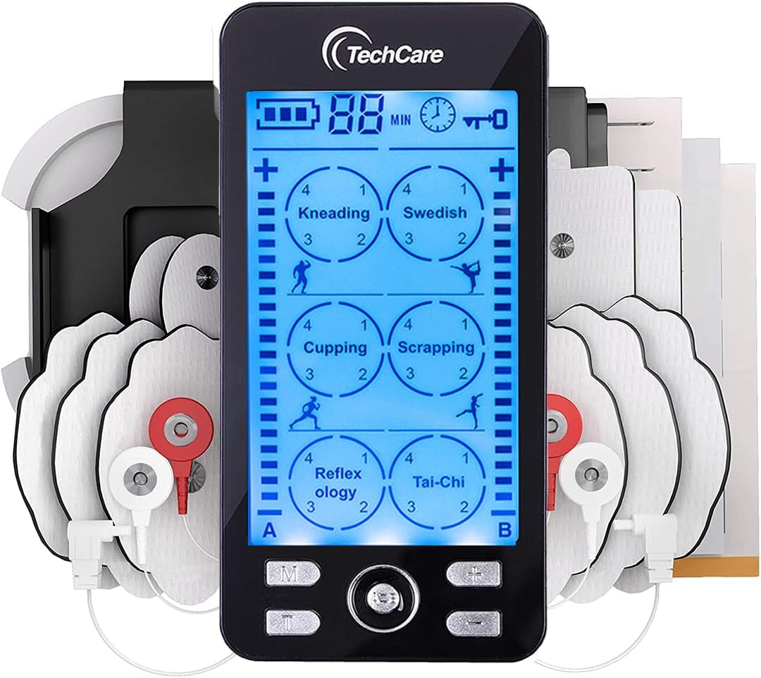 TechCare TENS EMS Muscle Stimulator – Dual Channel Rechargeable Unit with 24 Modes & 20 Intensity Levels for Pain Relief, Back & Sciatica Therapy, Muscle Recovery & Massage