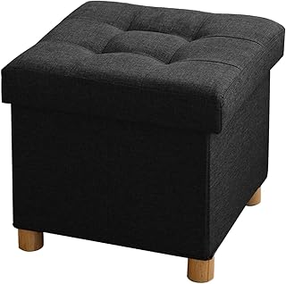 BRIAN & DANY Foldable Storage Ottoman Footrest and Seat Cube with Wooden Feet and Lid, Black 15” x15” x14.7”