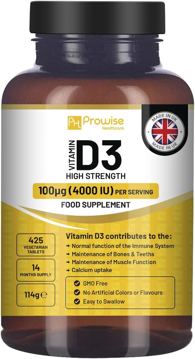Vitamin D3 4000 IU High Strength I 425 Vegetarian Tablets (14 Months Supply) I Easy Swallow Vitamin D3 Supplement for Immune Support, Calcium Boost, Bone & Muscle I Vitamin D Made in the UK by Prowise