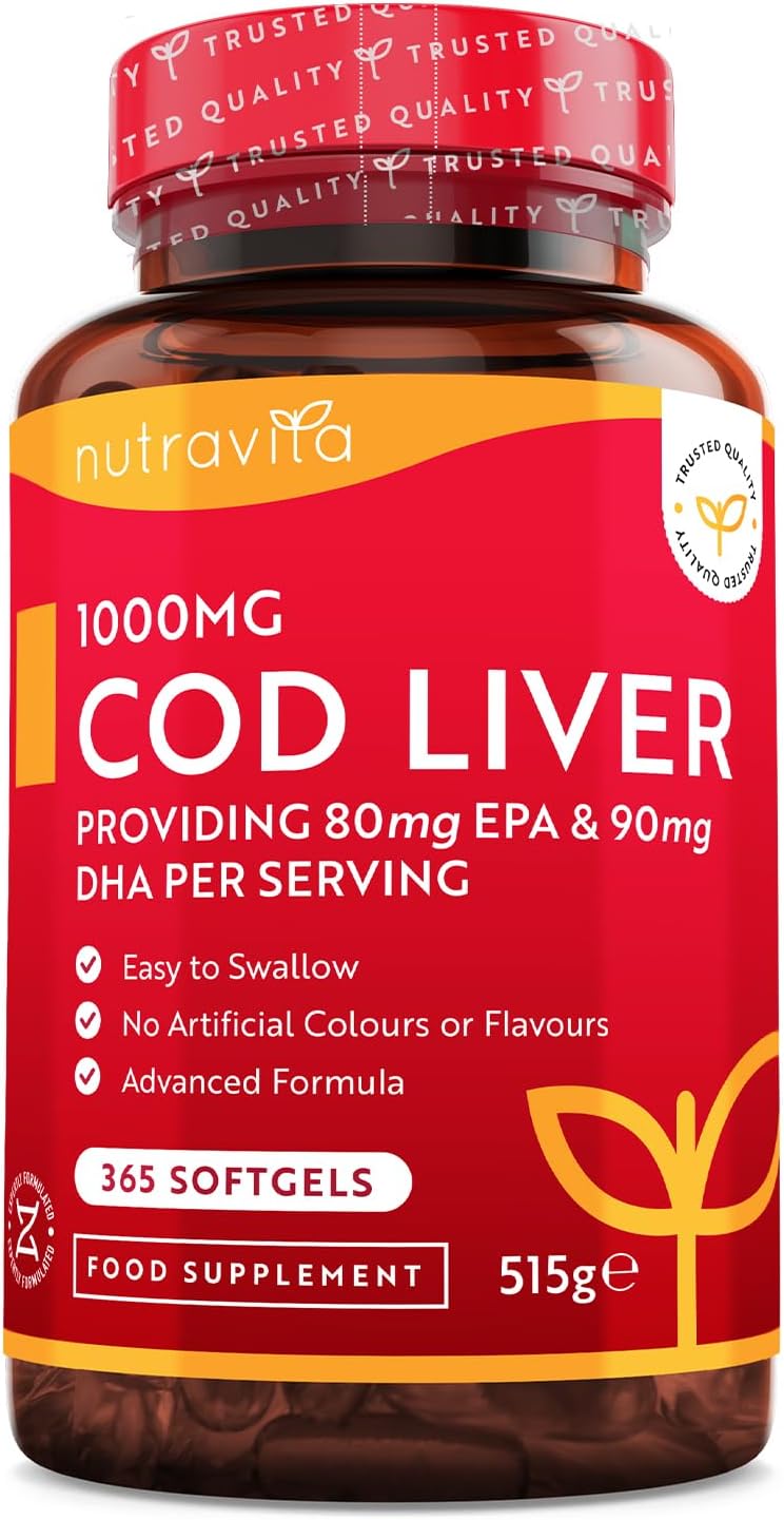 Cod Liver Oil 1000mg - 365 Softgels of Premium Fish Oil - Rich in High Strength Omega 3, Vitamins A, D, E & Garlic Oil - Supports Heart & Brain Health - Made in The UK by Nutravita