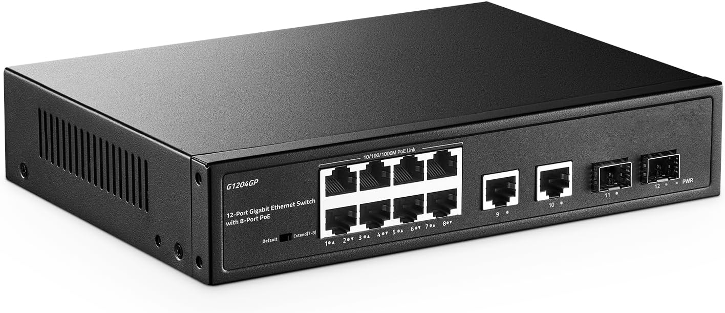 YuLinca 12 Port Gigabit PoE Switch, 8 GE PoE+, 2 GE Uplink, 2 Gigabit SFP, IEEE802.3af/at Max 120W, Fanless Unmanaged Plug&Play Ethernet Switch