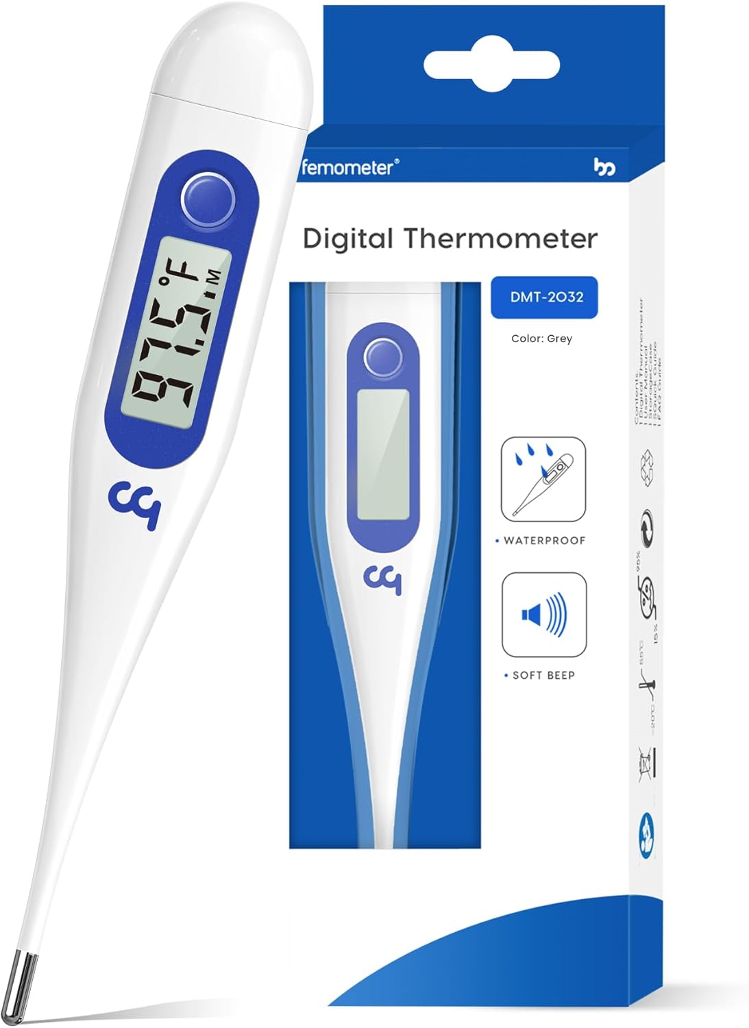 Femometer Thermometer for Adults and Kids, Digital Thermometer with Fever Alert, Memory Recall, C/F Switchable, for Oral, Rectal or Under Arm Use, Klein Blue