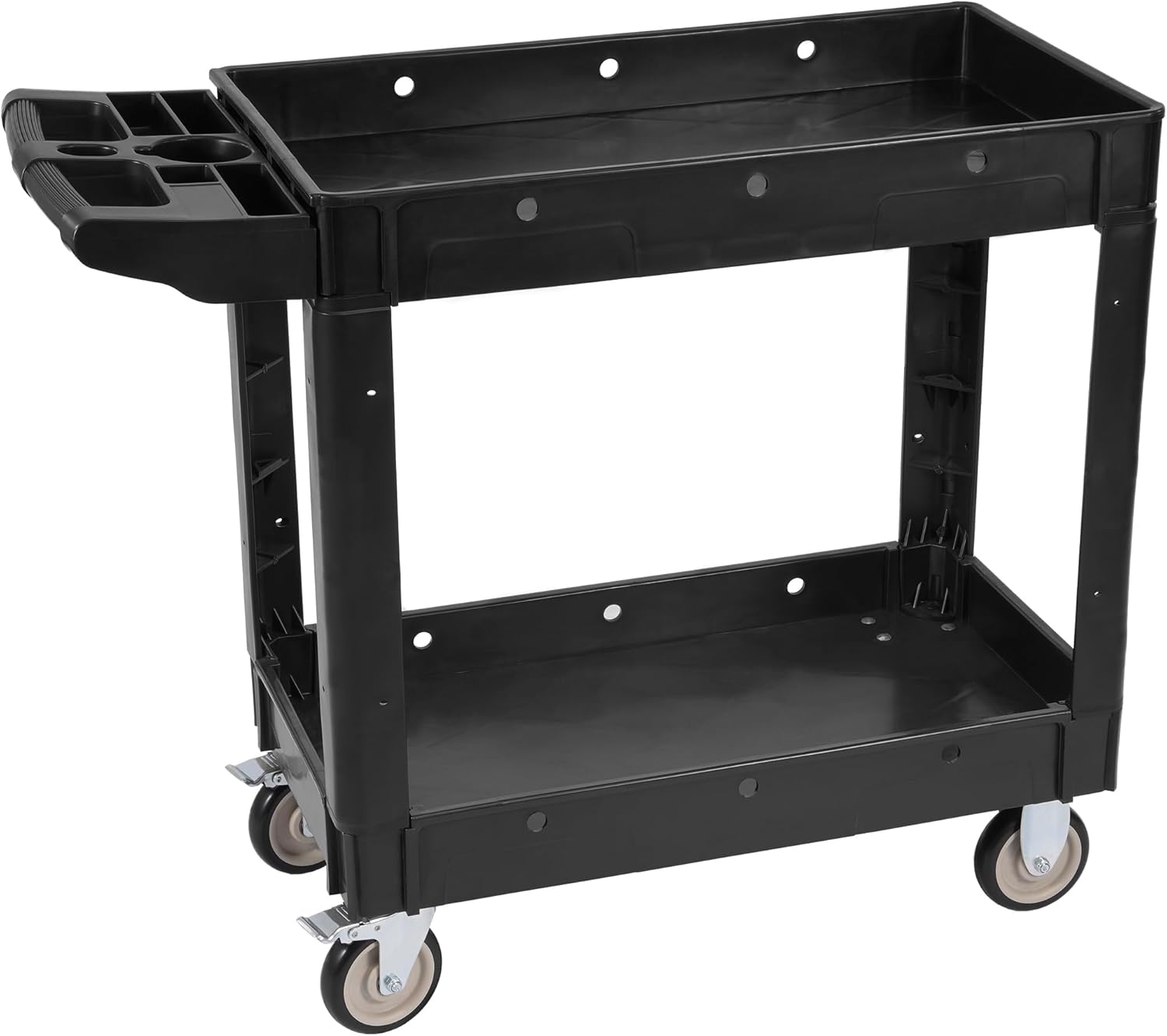 2 Shelf 550LBS Heavy Duty Plastic Rolling Tool Cart with 2 Swivel Casters & Brakes, Ergonomic Storage Handle for Warehouse, Garage, Cleaning & Manufacturing - Black