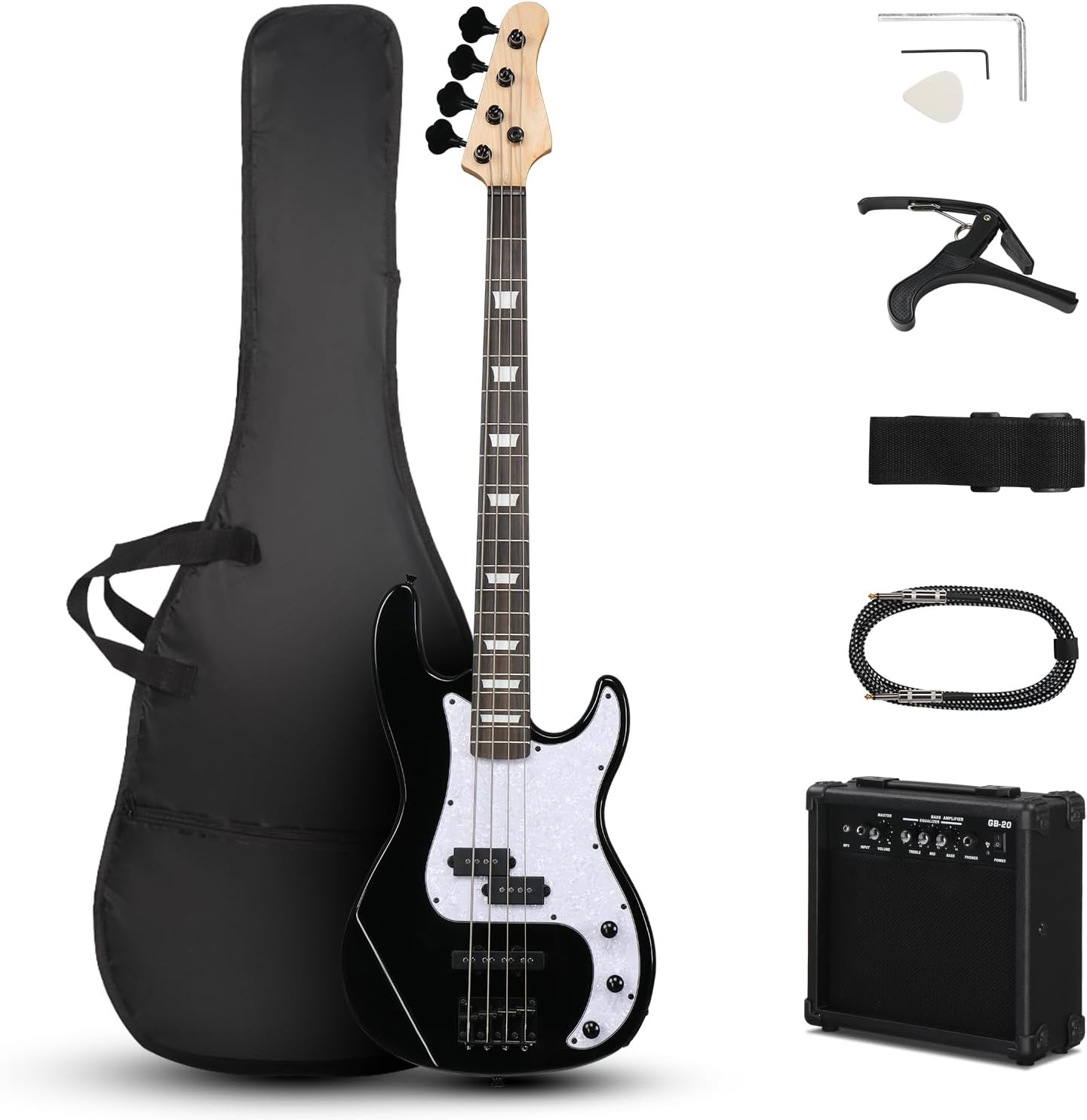 Ktaxon 4 String Electric Bass Guitar, PB-Style Full Size Standard Right Handed Beginner Kit with 20W AMP, Gig Bag, Strap, Upgrade Cable, Guitar Capo for Youths & Adults (Black)