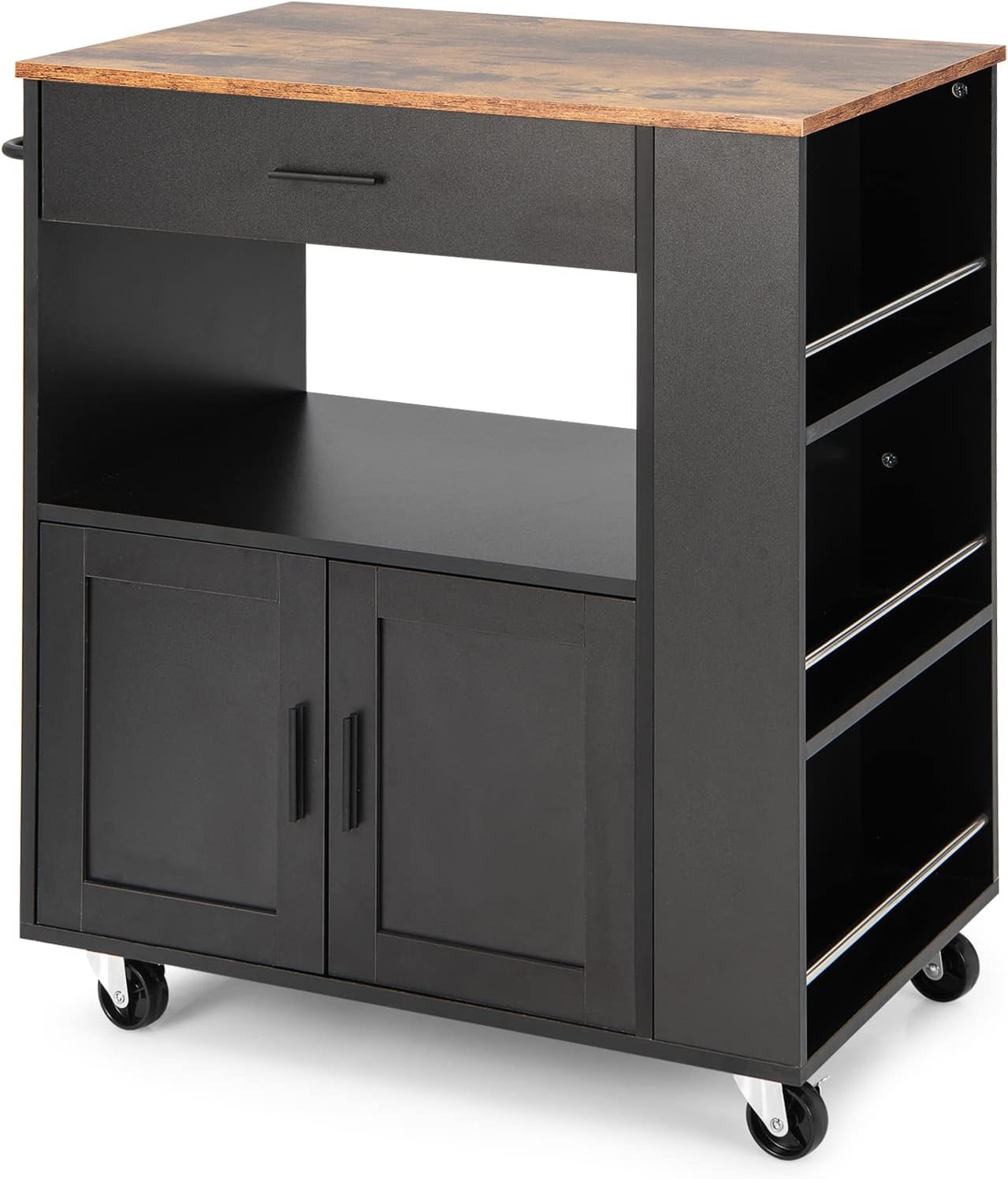 COSTWAY Kitchen Storage Trolley, Rolling Serving Island Cart with Towel Bar, 3 Spice Racks, Drawer, Open Shelf, 2-Door Cabinet & Lockable Wheels, 82x50x92cm Utility Organiser Cabinet (Black Body)