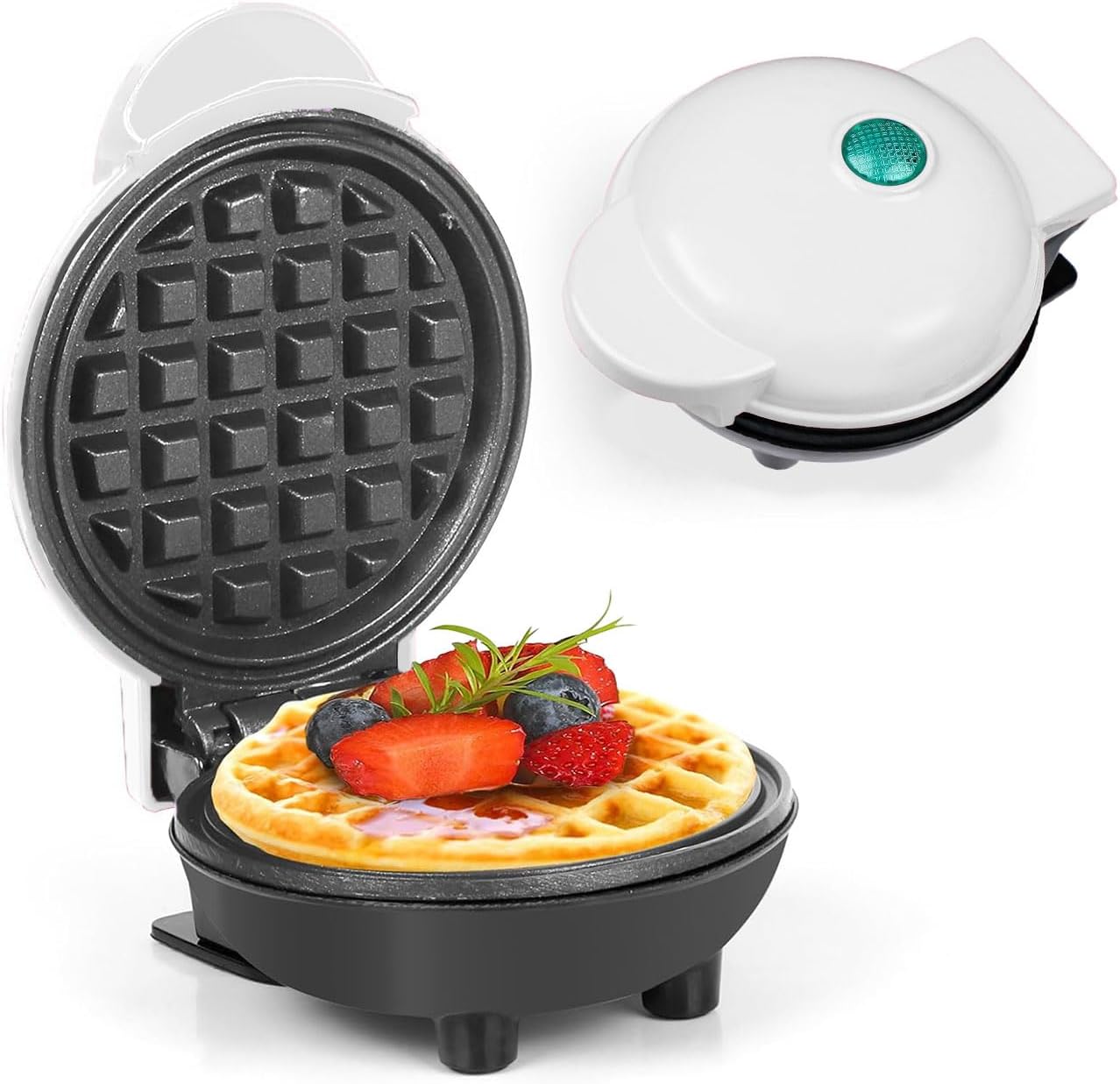 AHDXKUE Mini Waffle Maker Non-Stick Waffle Iron Machine, Mini Pancake Maker with Power/Ready Indicator Light Waffle Maker for Waffles, Sweet/Savoury Snacks Desserts, White