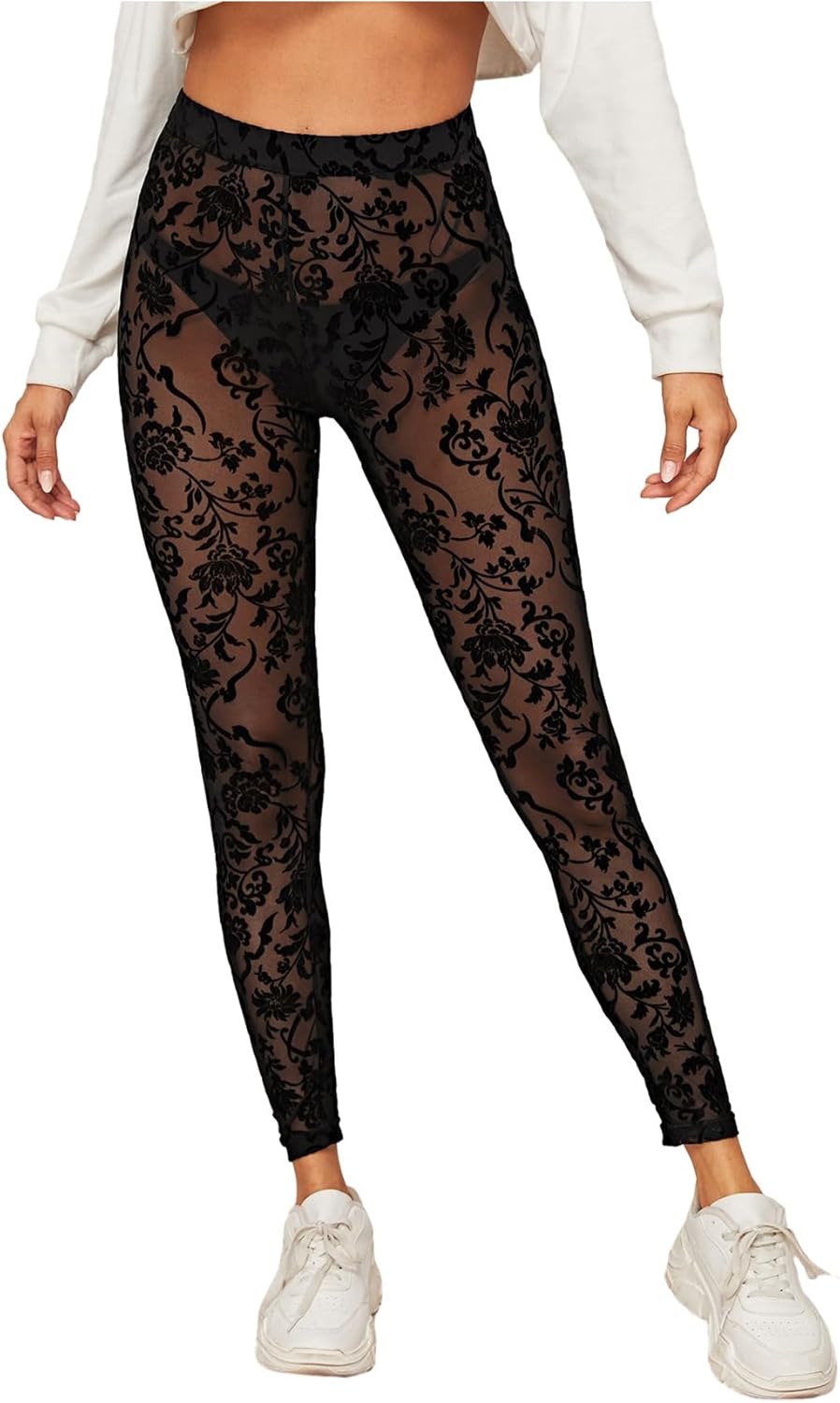 SweatyRocks Women's Floral Sheer Mesh Leggings Stretchy High Waist Pants