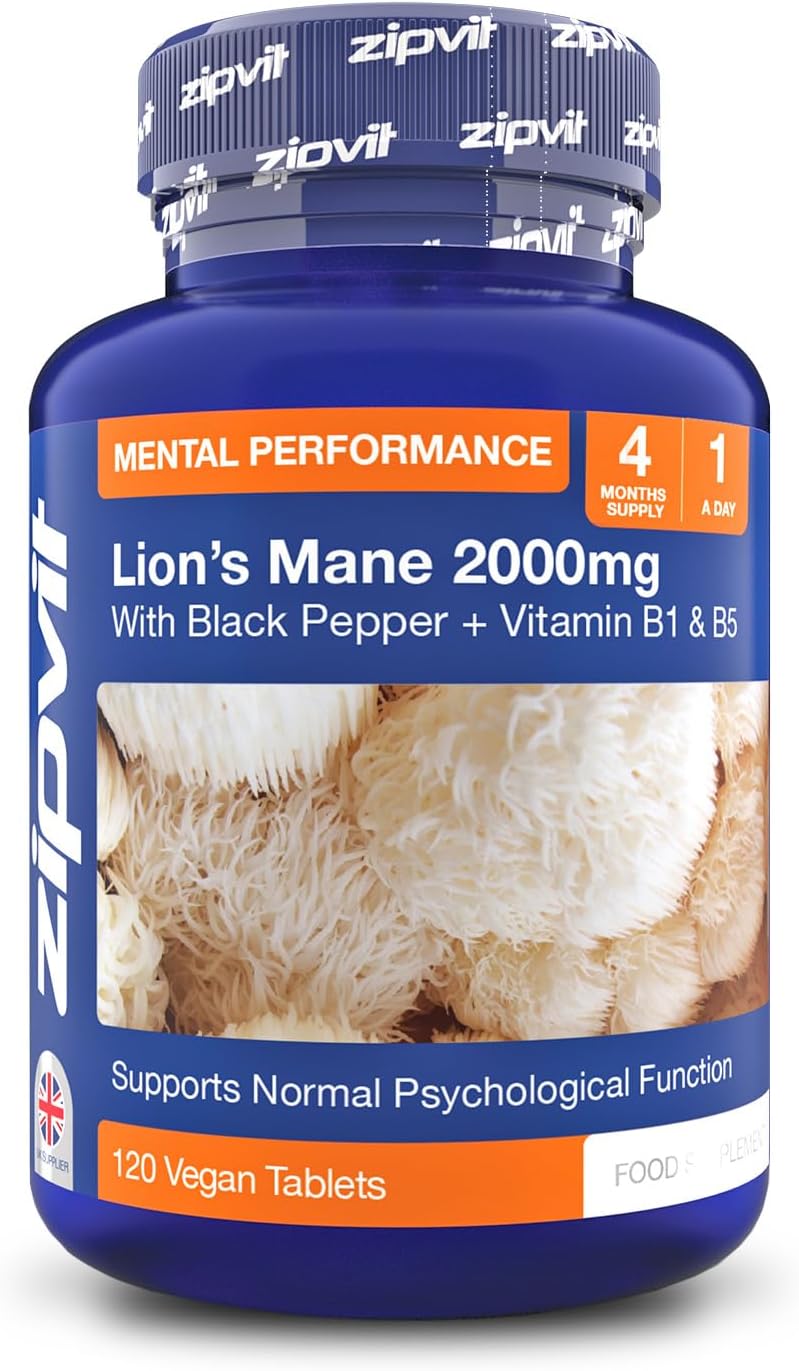 Zipvit Lion's Mane Mushroom Supplement 2000mg with B1, B5 & Black Pepper, 4 Month Supply, 120 Vegan Tablets, Supports Brain Function, Mental Performance, Reduces Fatigue, Not Powder or Capsules