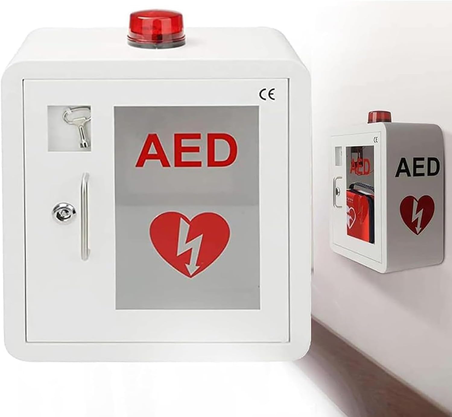 FUELIX AED Defibrillator Storage Cabinet with Key, Wall Mounted Aed Defibrillator Cabinet Wall-Mounted Steel First Aid Box for Home, Nursing, Bus, Public Places Fits Most AED Models