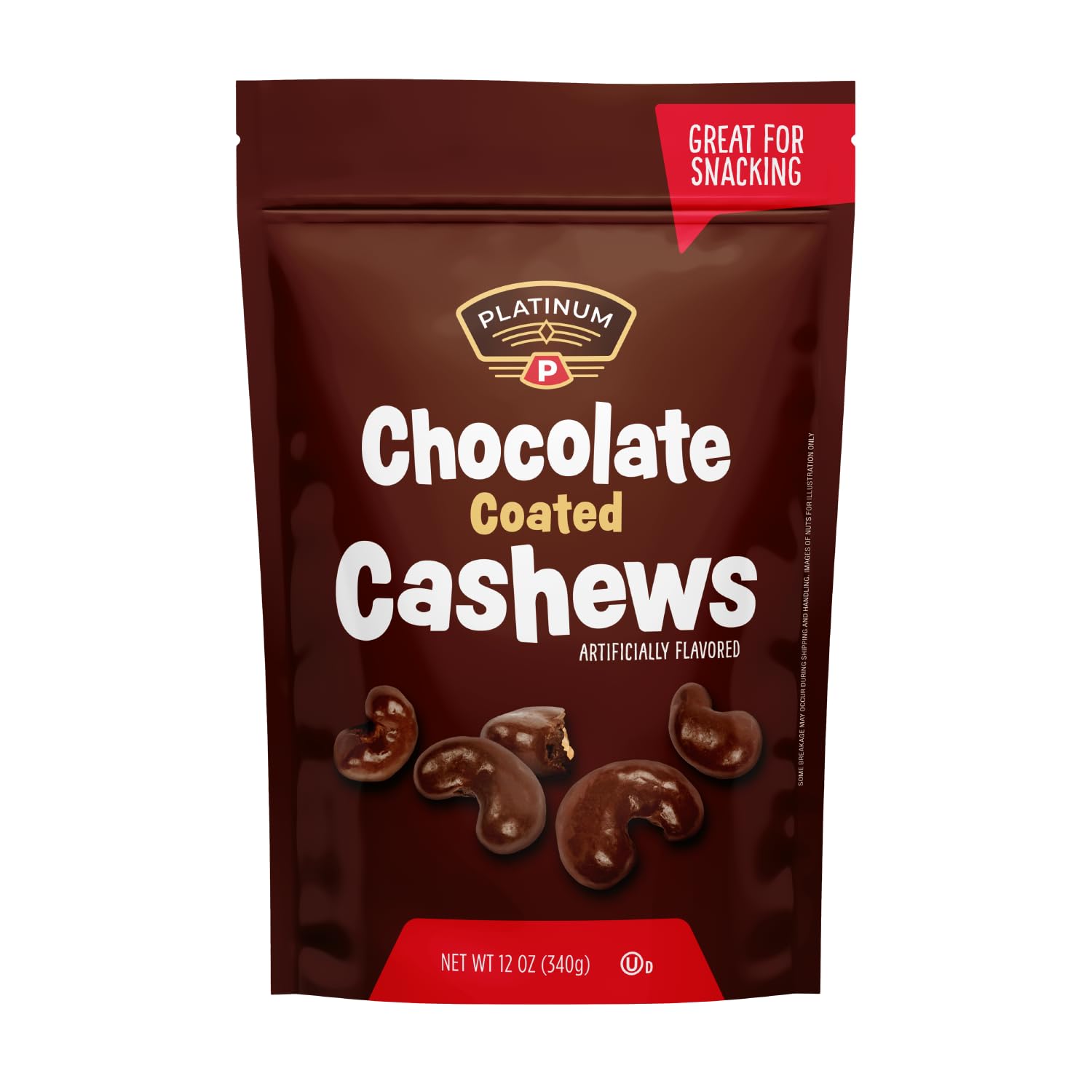 Platinum - Chocolate Coated Cashews 12 oz Resealable Pouch | Chocolate Candy Covered Flavored Cashew, Roasted Nuts | Individual Snack Packs for On the Go, Work, School, Valentines Day