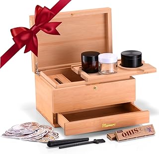 Bamboo Stash Kit, Storage Box, Bamboo Box with Rolling Tray - Decorative Box with Lock - Decorative Box for Herbs, Stash - Bamboo Box Smell Proof - Removable Tray with Glass Jar and Grid (Brown)