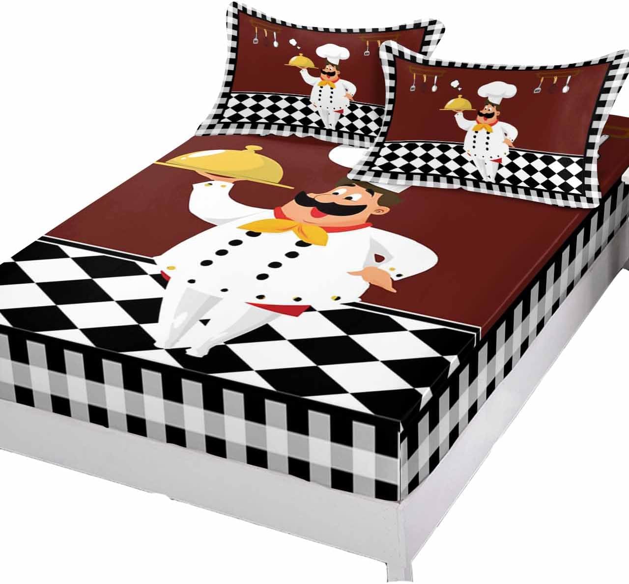 Fitted Sheets Elastic Deep Pocket Bed Sheet Cal King, Cartoon Chef Gourmet on Brown Soft Bed Sheets Set,Black White Checkered Mattress Cover Up Hotel Luxury Fitted Sheet Pillowcase for Bedroom