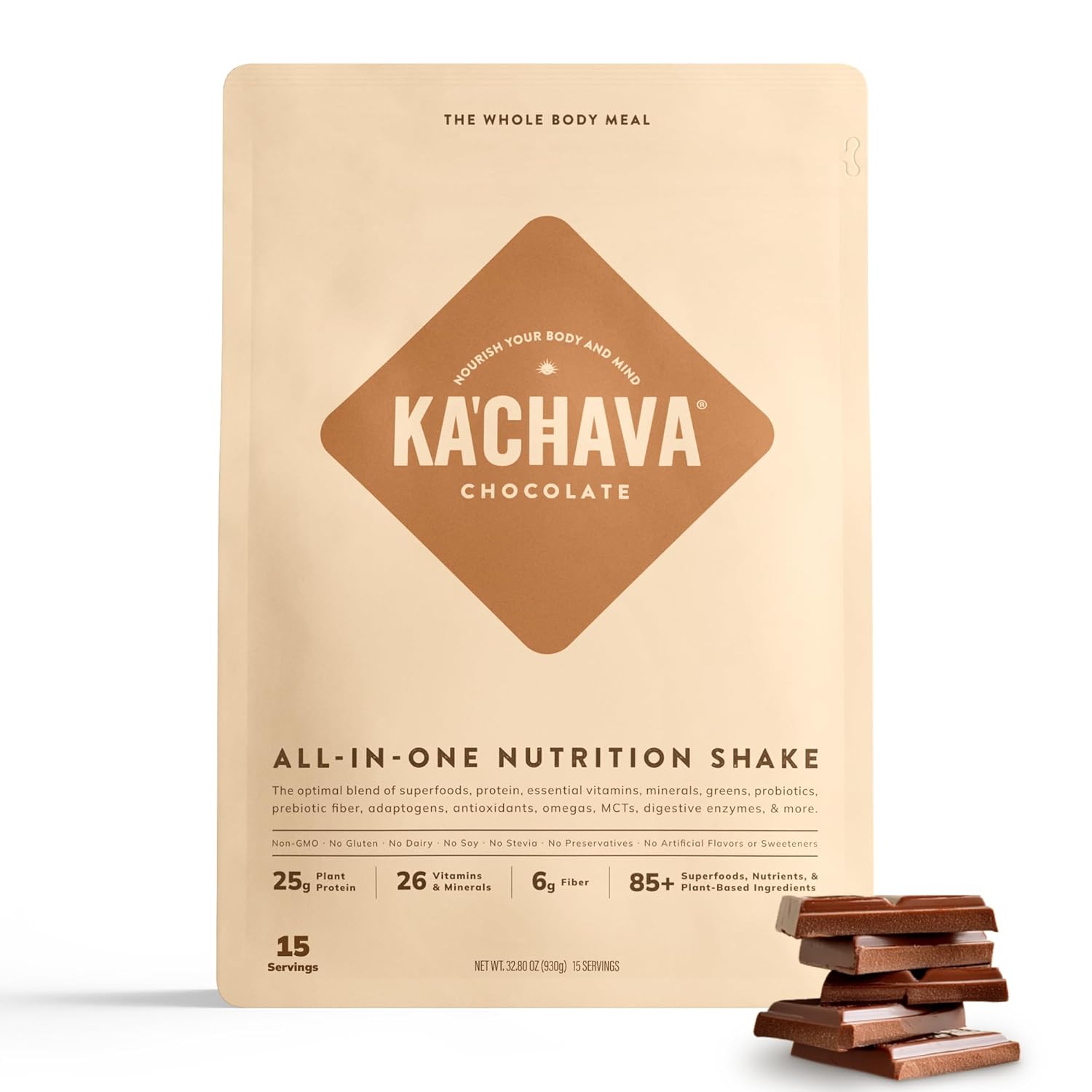 Ka’Chava All-In-One Nutrition Shake Blend, Chocolate, 15 Servings, 85+ Superfoods & Nutrients, Greens Plant-Based Powder Protein Drink, Digestive Enzymes & Probiotics, Vegan Dairy Gluten Free