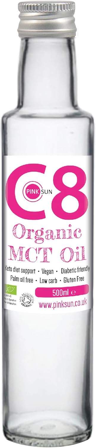 PINK SUN Organic MCT Oil 500ml Pure C8 in Glass Bottle - Support Keto Diet - 100% Liquid Coconut Oil Food Grade Gluten Free Vegan Vegetarian No Preservatives
