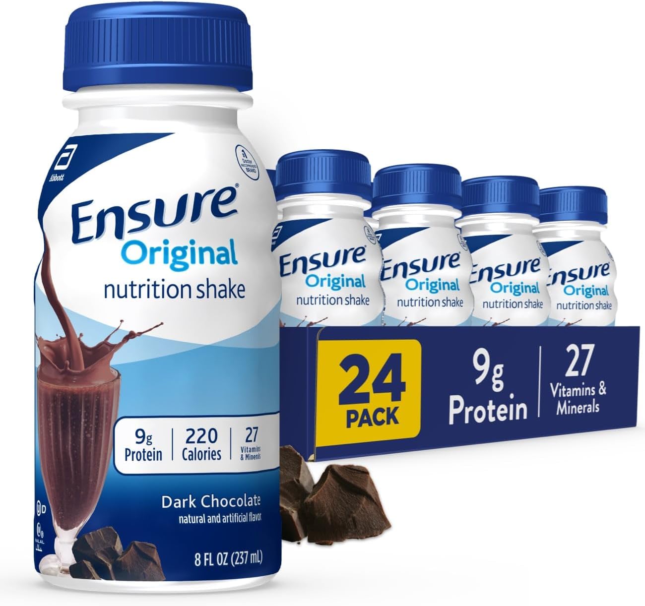 Ensure Original Dark Chocolate Nutrition Shake | Small Meal Replacement Shake | Ready To Drink | 9g Protein, 27 Vitamins and Minerals | 8 fl oz - 24 Pack