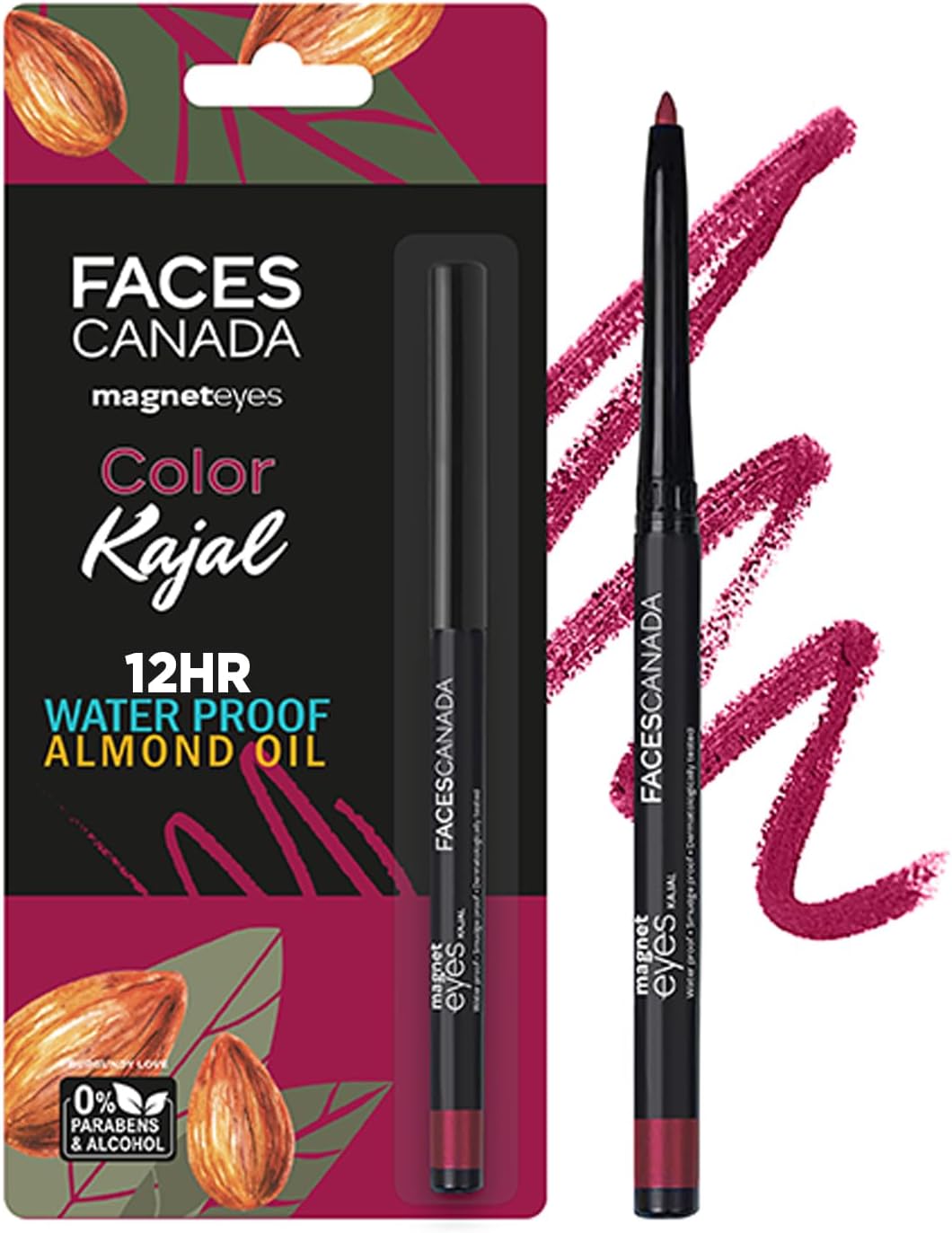 FACESCANADA Magneteyes Color Kajal - Burgundy Love 04, 0.30G Highly Pigmented Kohl 12 Hr Long Stay Matte Finish Single Stroke Glide Water Proof Smudge Proof Almond Oil Enriched - Pencil